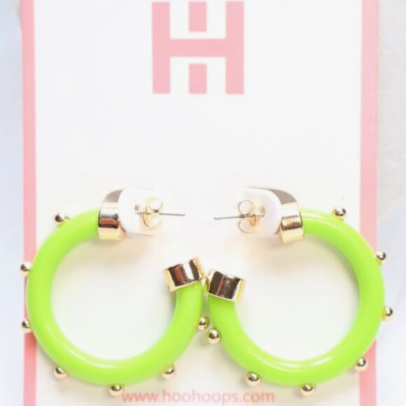 Hoo Hoops Gold Tone Lime Green Gold Ball Mini Hoop Earrings - Picture 2 of 3